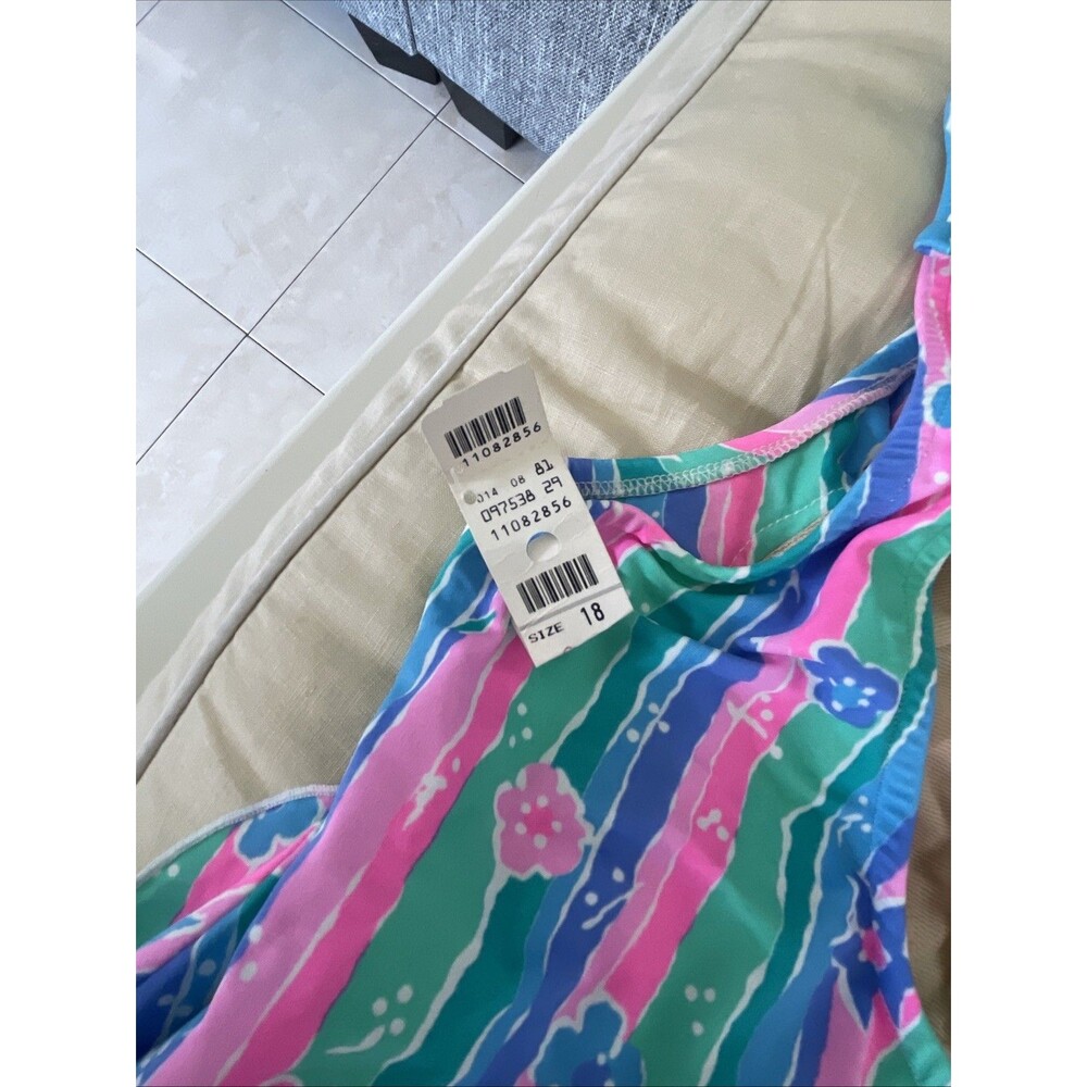 Vintage Talbots Bright Floral Striped One Piece Skirted Front Swimsuit Sz 18 USA - Picture 6 of 9